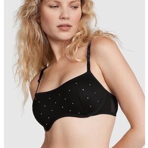 Victorias Secret PINK L Black Rhinestone Multi-Strap Push-Up Bra Bralette Shiny